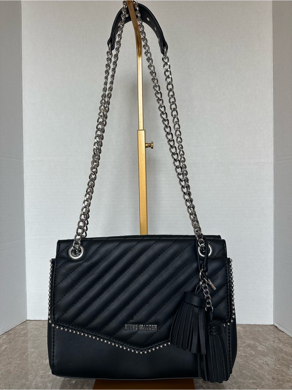 Steve Madden Black Quilted Goth Glam Shoulder Bag Stud chain Biker Punk Purse